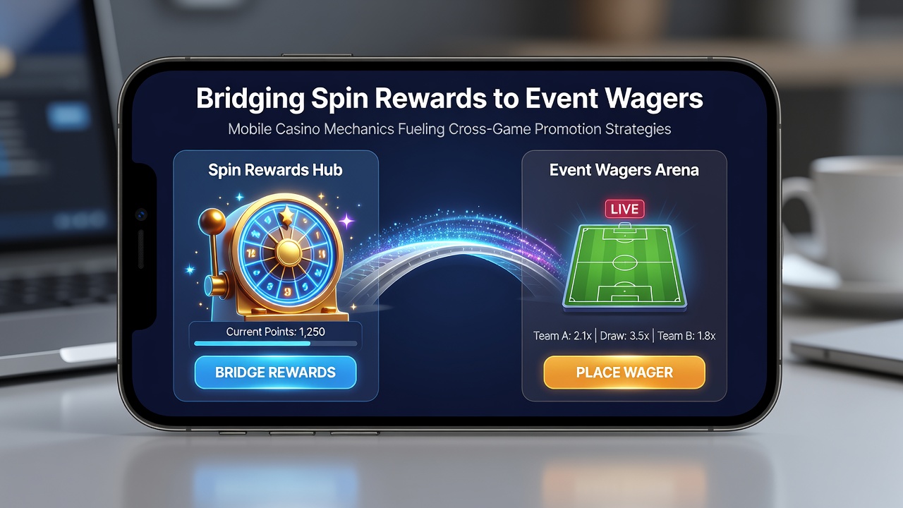 Illustration of connected mobile casino modules where slot bonuses flow into live sports betting interfaces