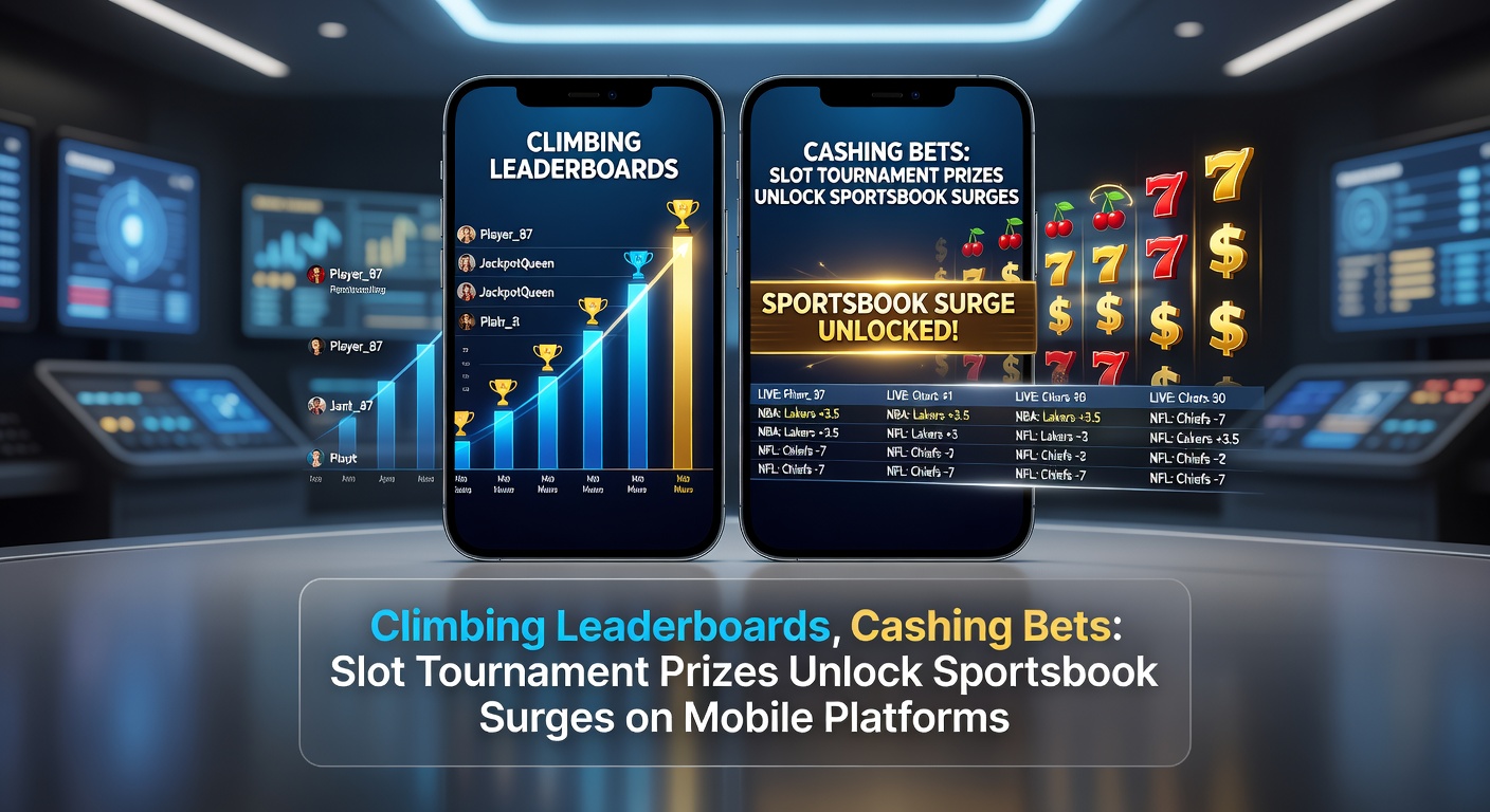 Mobile screen showing a slot tournament leaderboard with top players and prize tiers glowing in vibrant colors, alongside a sportsbook betting slip