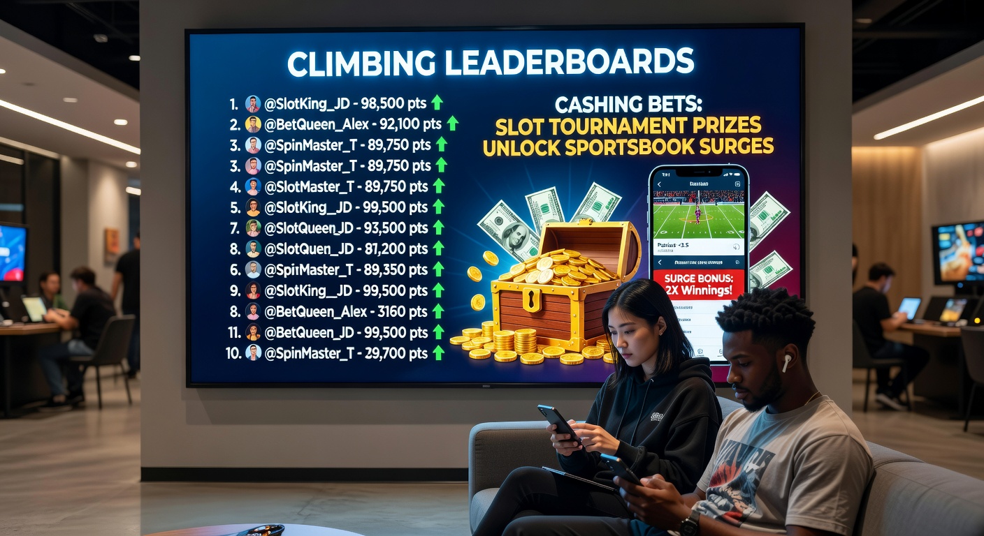 Dynamic split-screen graphic of a slot machine payout screen transitioning to a bustling sportsbook interface on a smartphone, with leaderboard icons and cash flow arrows connecting them
