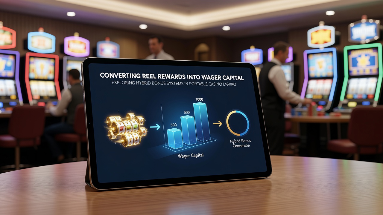 Close-up of a tablet screen displaying converted bonus capital moving from slot rewards to an active sports wager slip
