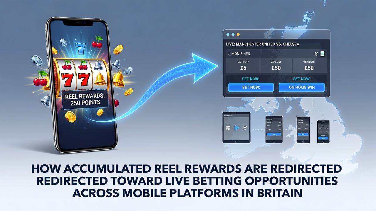 Smartphone screen displaying accumulated slot rewards being redirected into a live betting interface on a British mobile platform