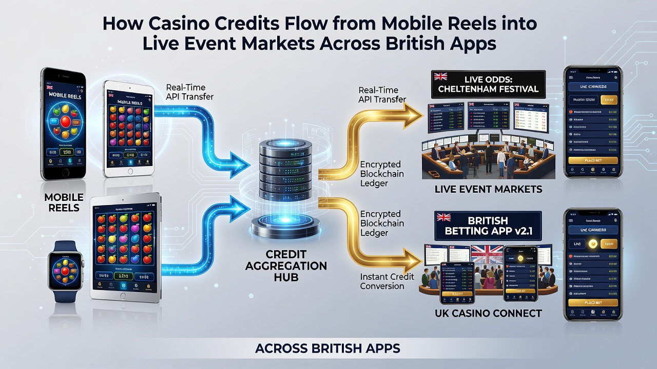 Diagram of credit flow from slot games to live betting markets within mobile applications