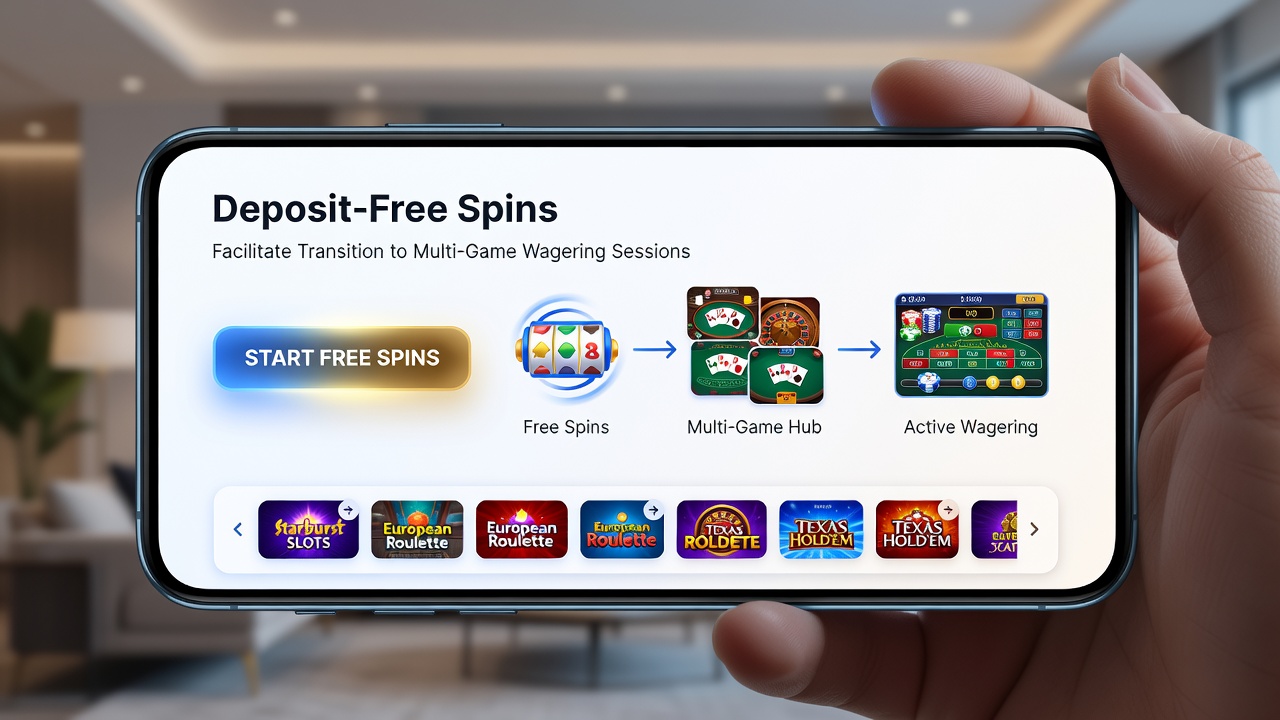 User navigating between slot and table game sections on a portable casino application after free spin redemption