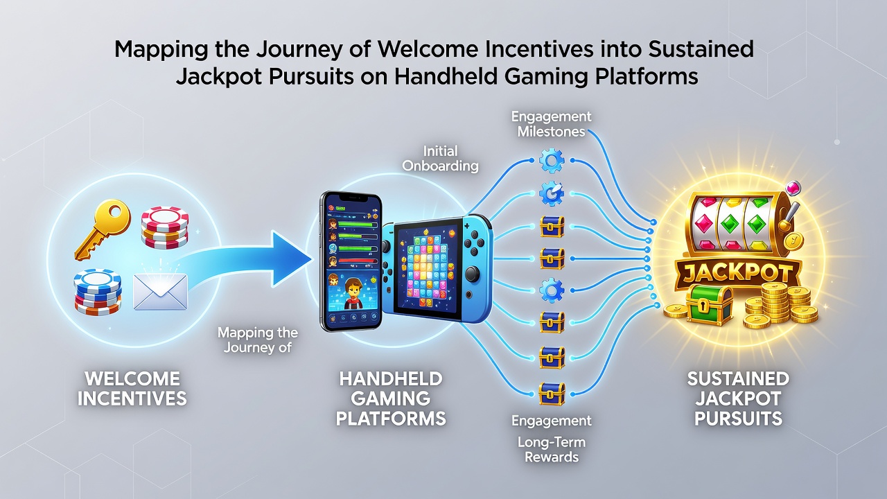 Illustration of player progression from welcome bonus activation to sustained jackpot chasing on portable screens
