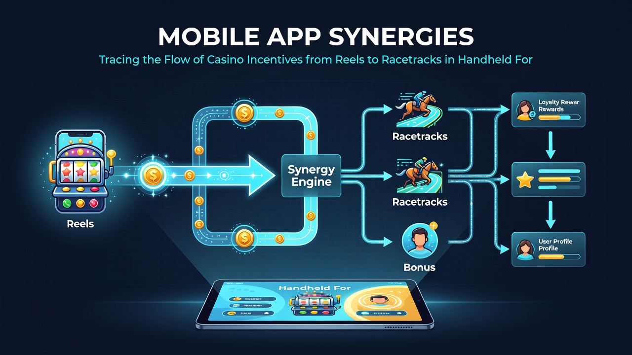 Flow diagram illustrating casino bonuses moving from mobile slot games to racetrack betting sections within one app