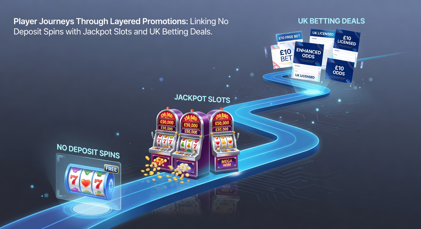 Illustration of a player progressing through layered casino promotions linking free spins, jackpot slots, and betting deals on mobile apps