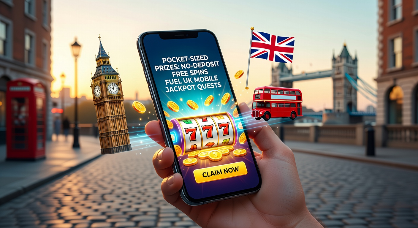 Close-up of hands holding a smartphone with a glowing jackpot wheel and free spins counter, surrounded by floating coin animations and mobile slot icons