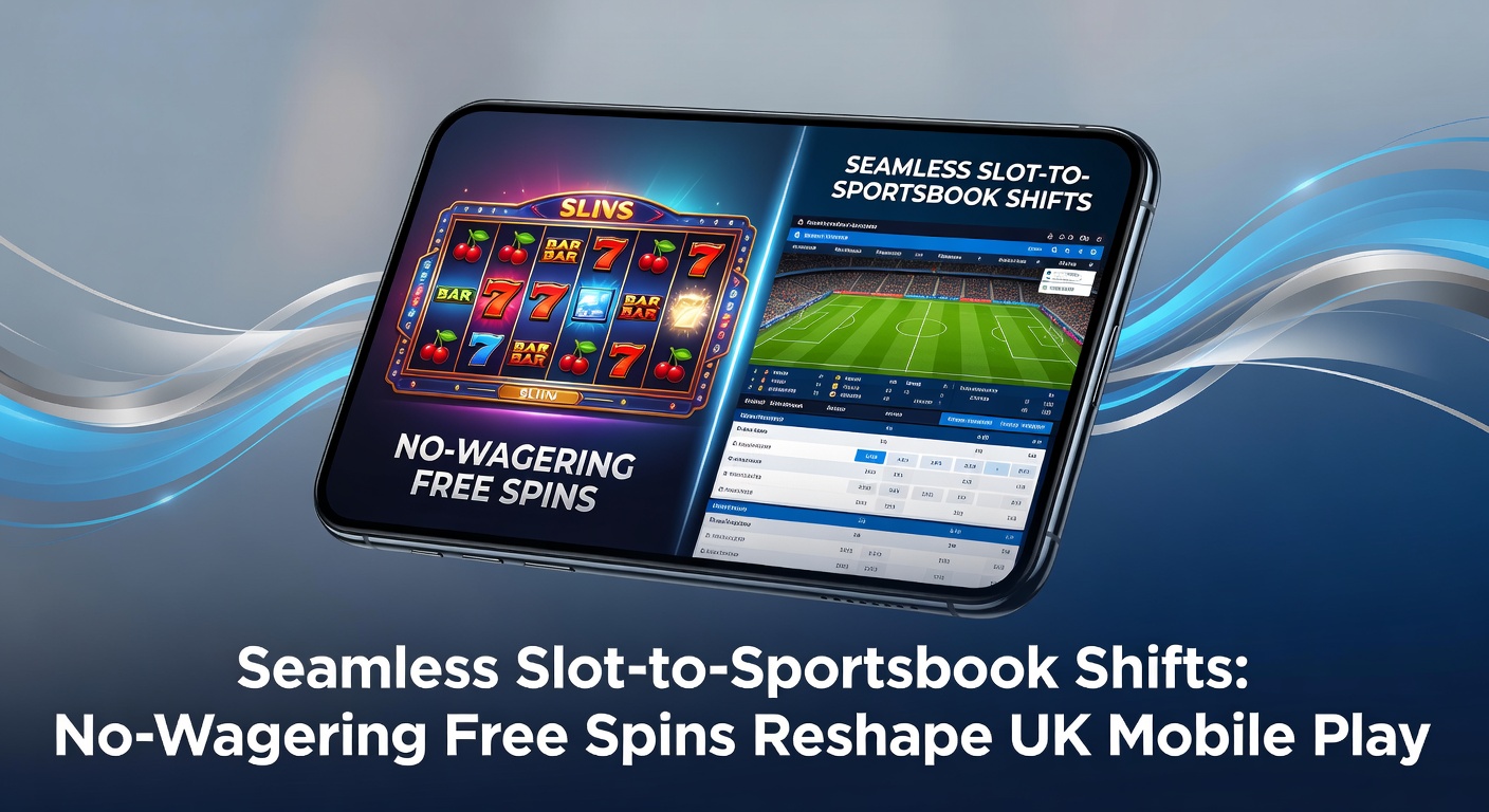 Mobile screen showing slot reels transitioning to a sportsbook interface with no-wagering free spins highlighted