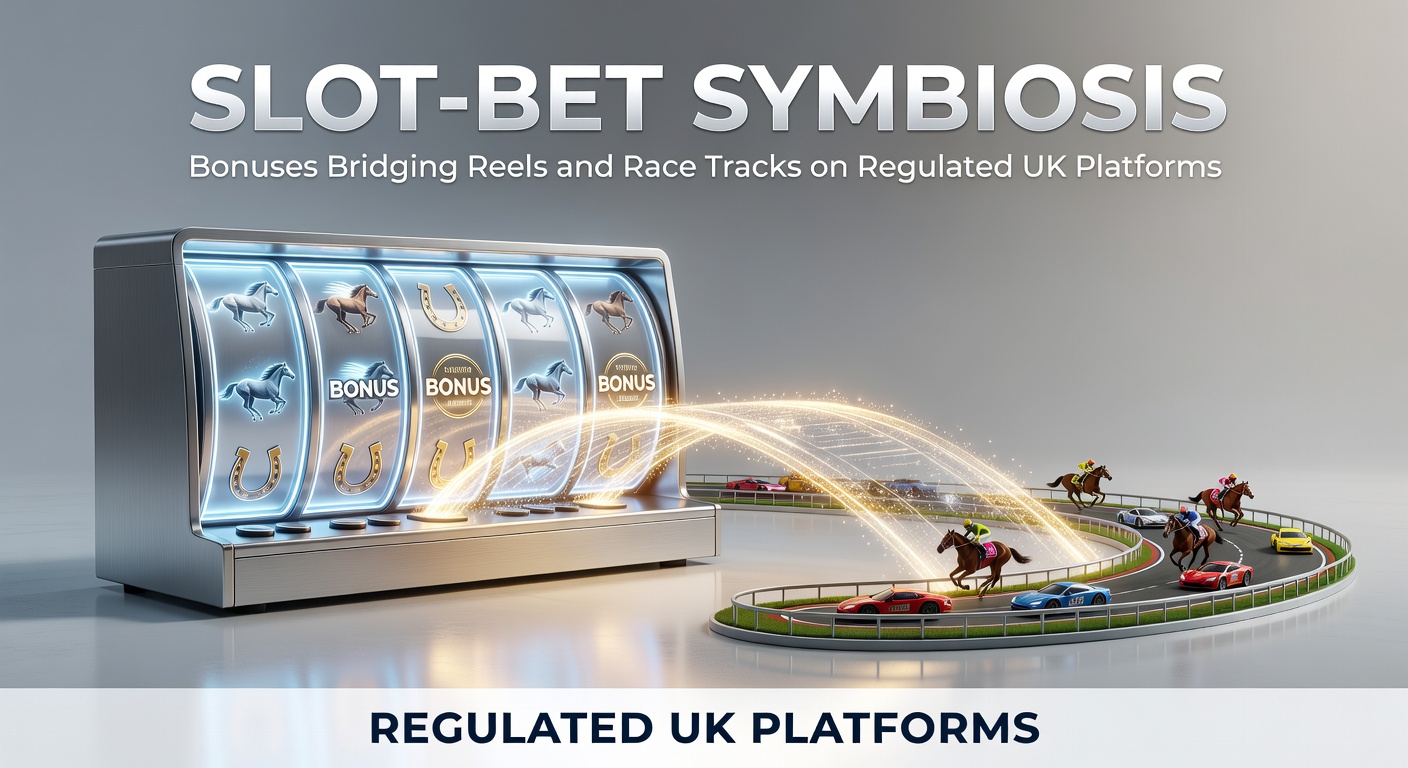 Vibrant digital graphic showing slot reels morphing into horse racing tracks with bonus icons bridging the two worlds on a sleek UK betting app interface