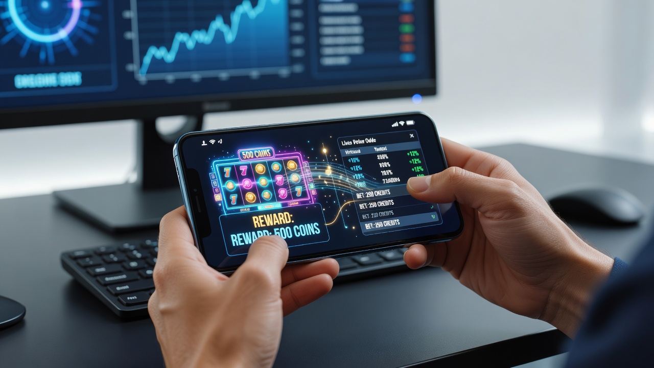 Close-up of mobile casino app showing integrated rewards dashboard alongside active betting screen