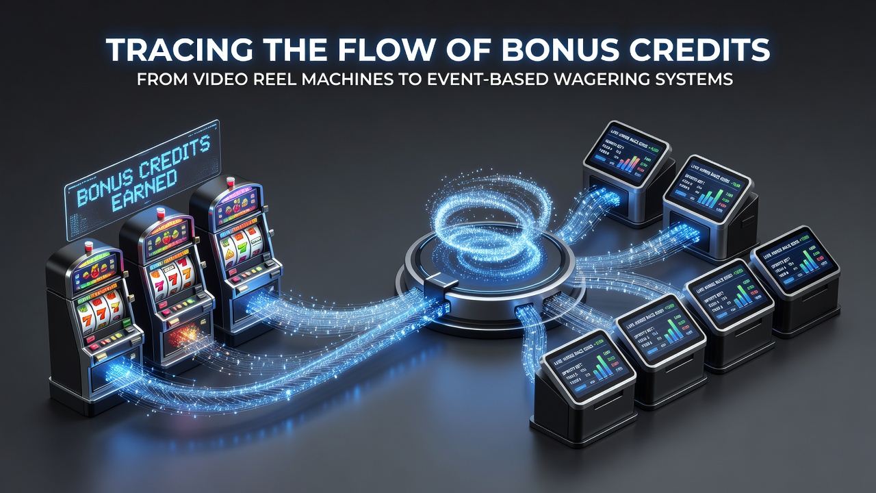 Diagram showing bonus credit transfer from video reel machines to integrated wagering platforms
