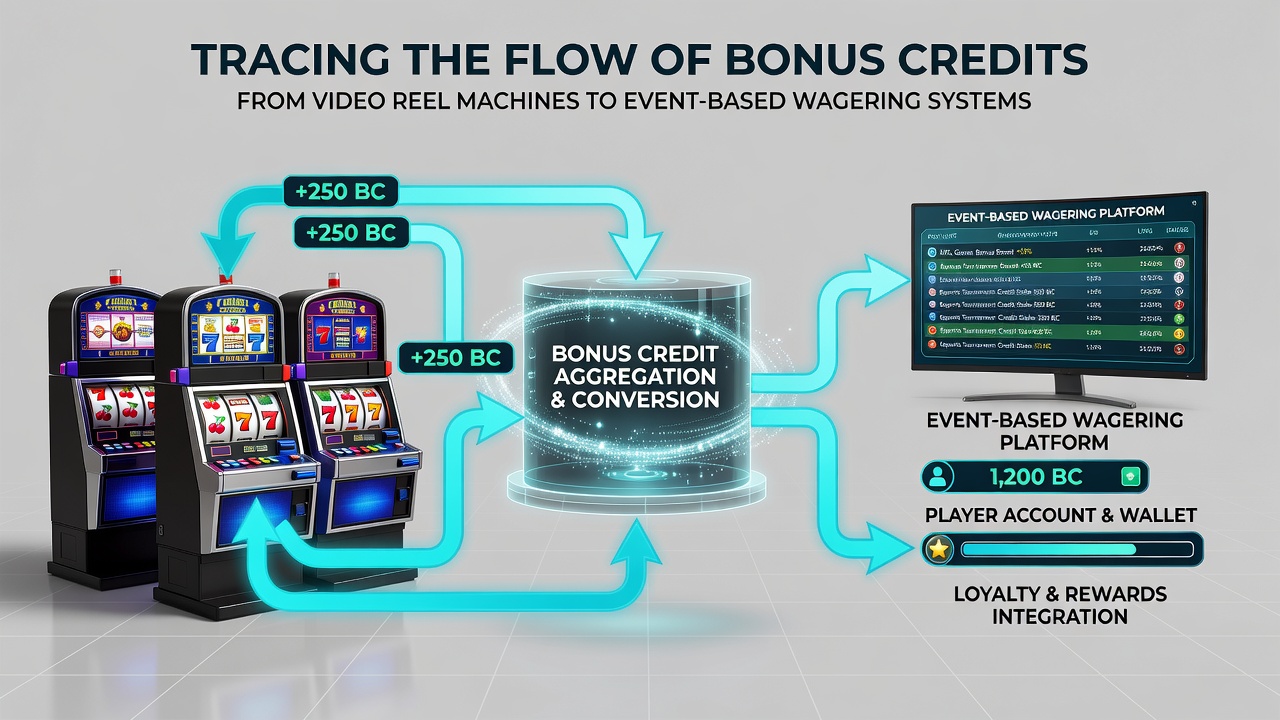 Flowchart illustrating API connections between slot bonus ledgers and sports event betting modules