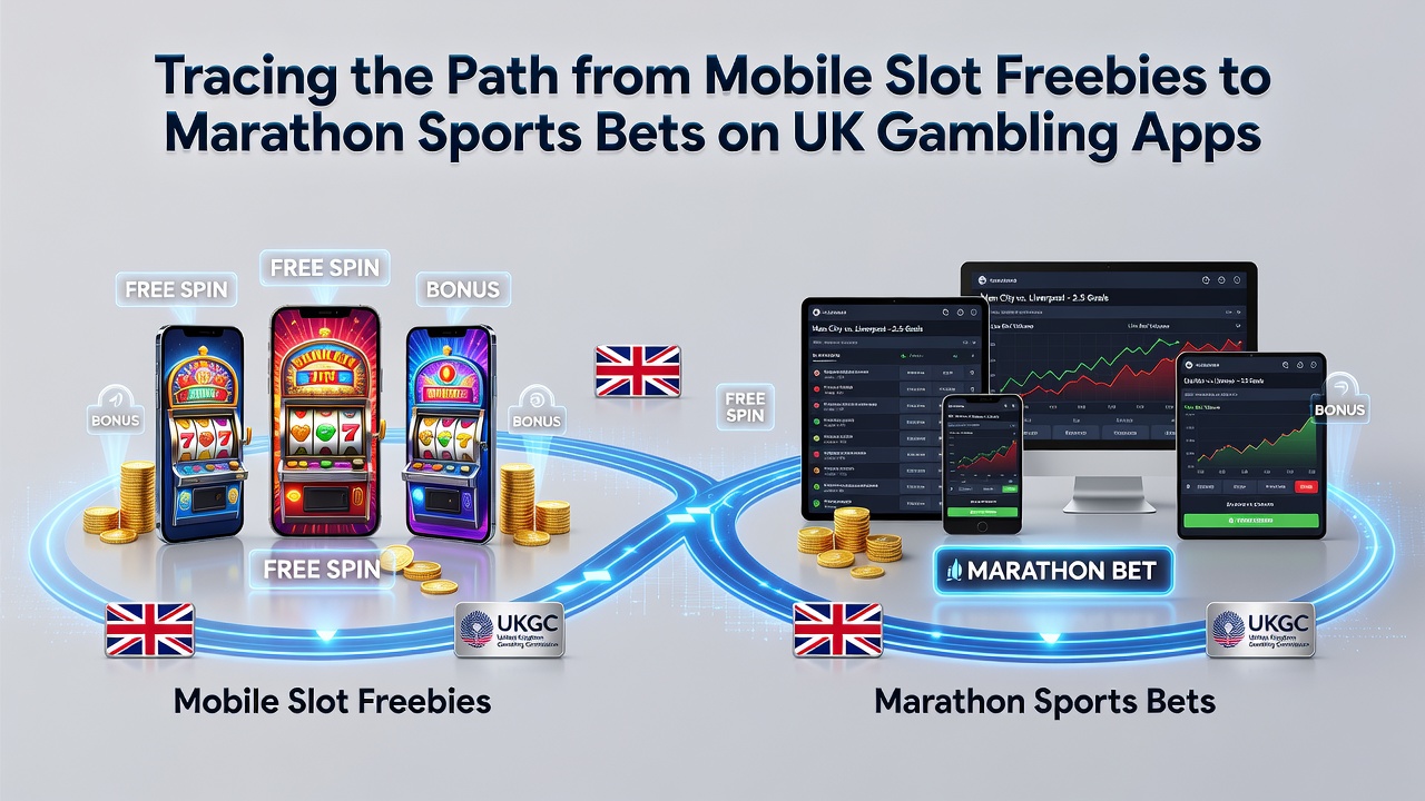 Illustration showing a smartphone screen with slot game reels transitioning into a sports betting interface on a UK gambling app