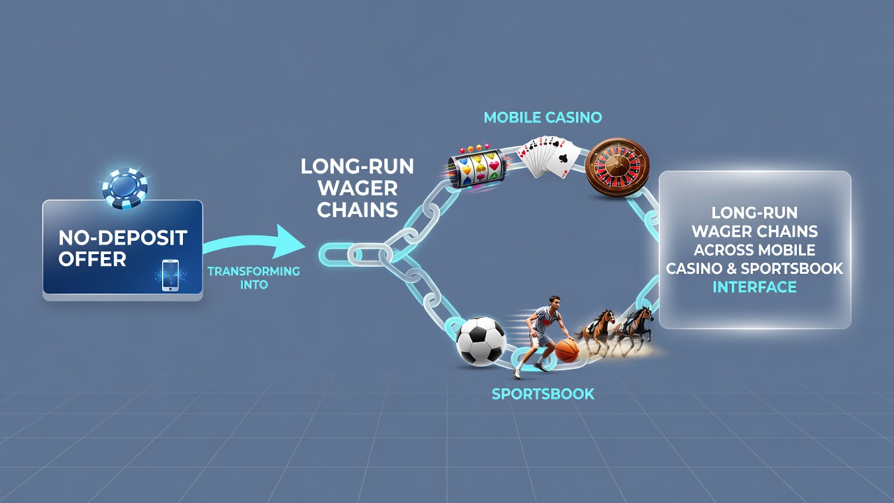 User journey diagram showing progression from no-deposit spins to multi-stage sports wagers on a smartphone screen