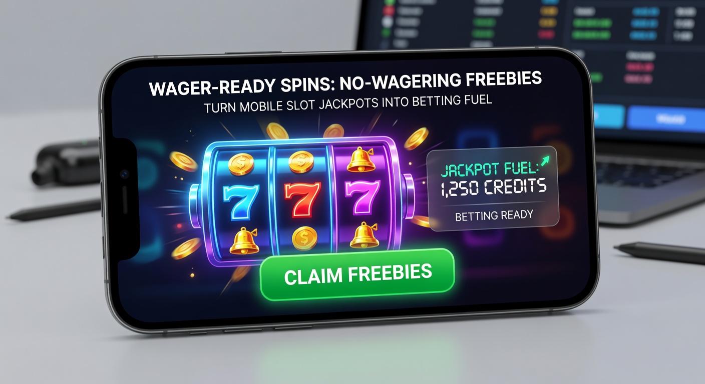 Dynamic graphic of slot jackpot coins pouring into a sports betting slip on a sleek mobile interface, with no-wagering icons glowing brightly